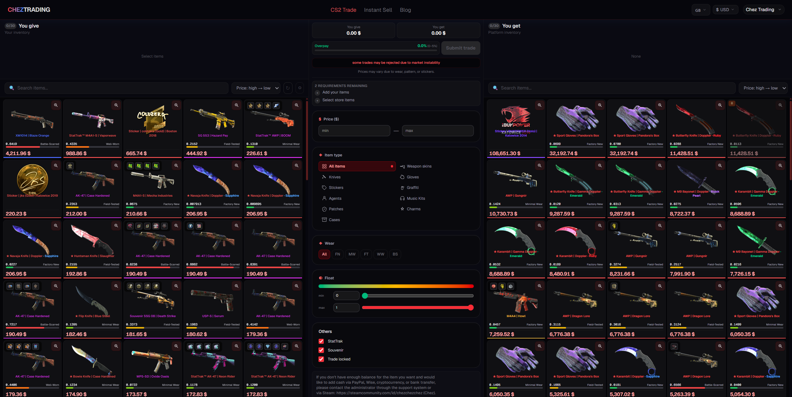 Skin exchange page on chez.trading