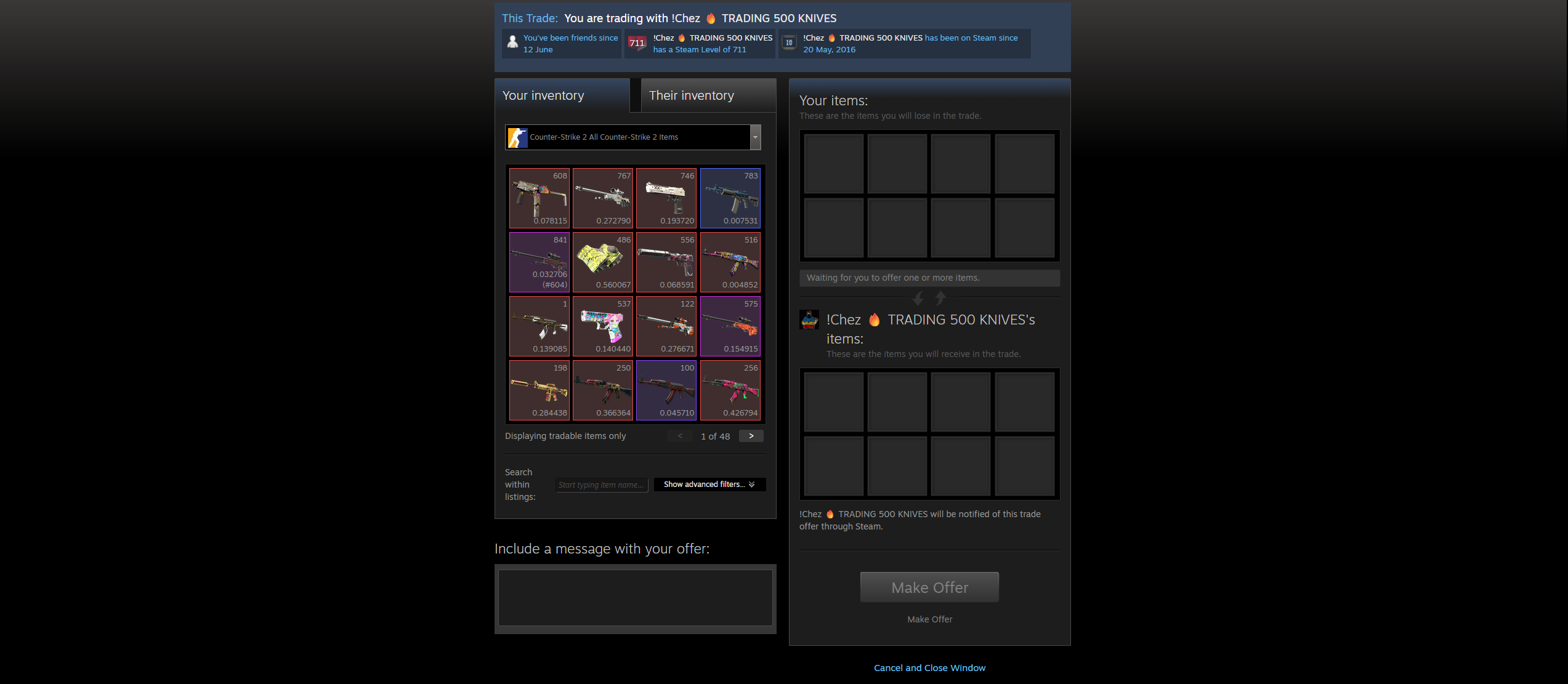 The Steam Trade Offer window showing both sides' inventories
